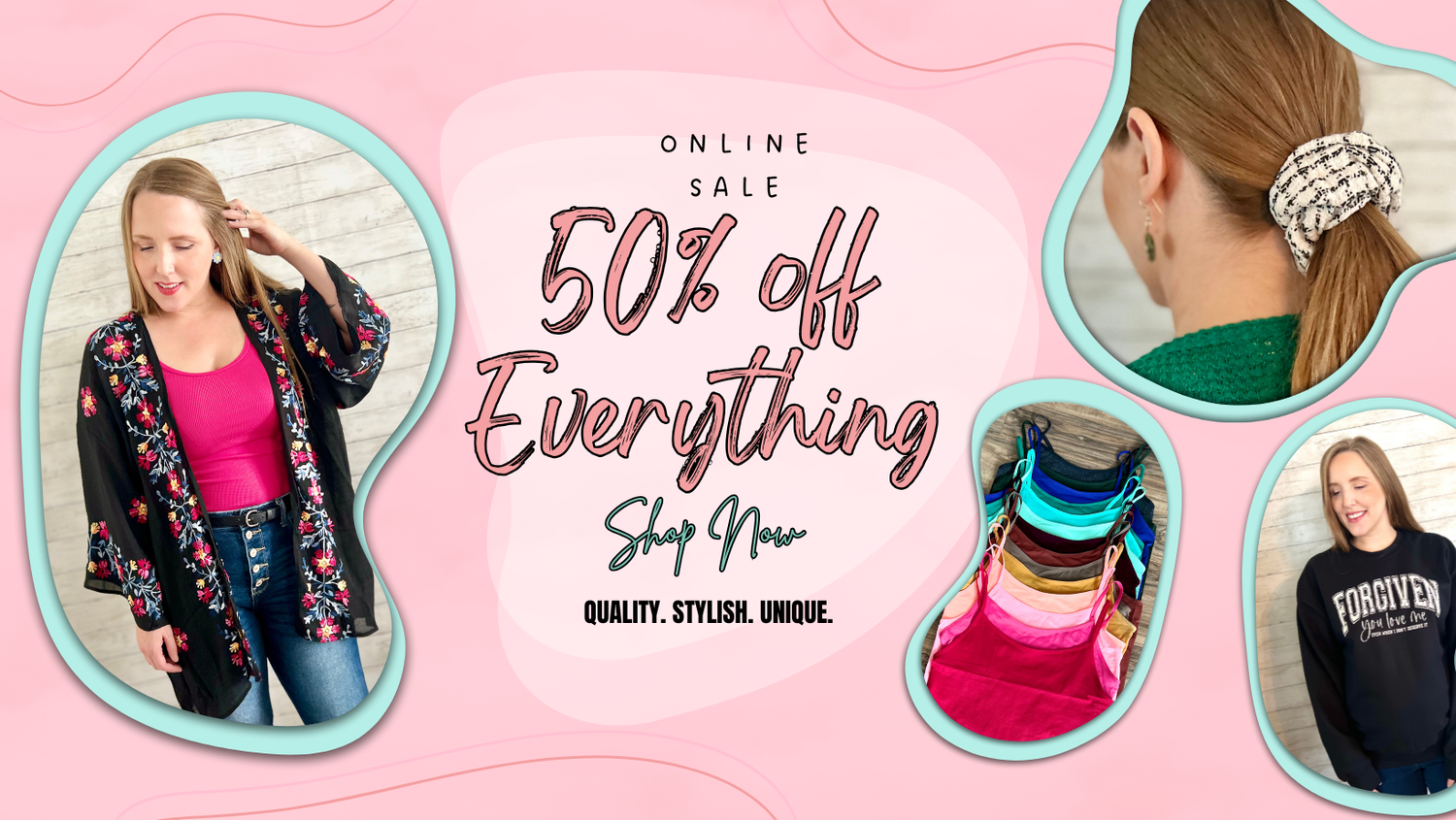 Promotional banner with a woman styling her hair, text overlay, and product images on a pink background.