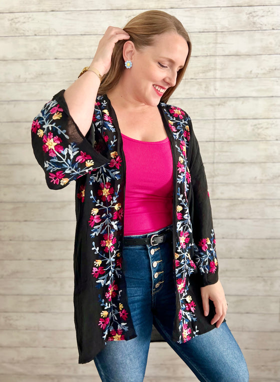 FLOWER EMBROIDERED KIMONO WITH MATCHING EARRINGS