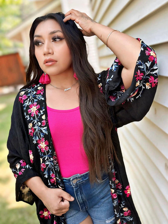 FLOWER EMBROIDERED KIMONO WITH MATCHING EARRINGS