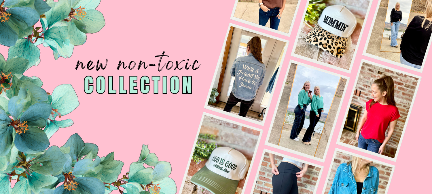 Collage of people wearing branded hats with a pink background and floral elements, promoting a 'new non-toxic collection'.