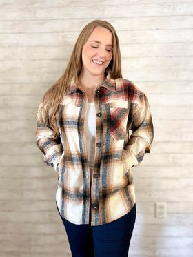 CAMEL/RUST PLAID OVERSIZED SHACKET