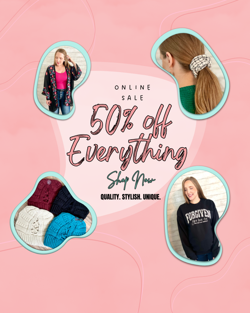 Promotional graphic with text '50% off Everything' on a pink background with images of people wearing clothing.